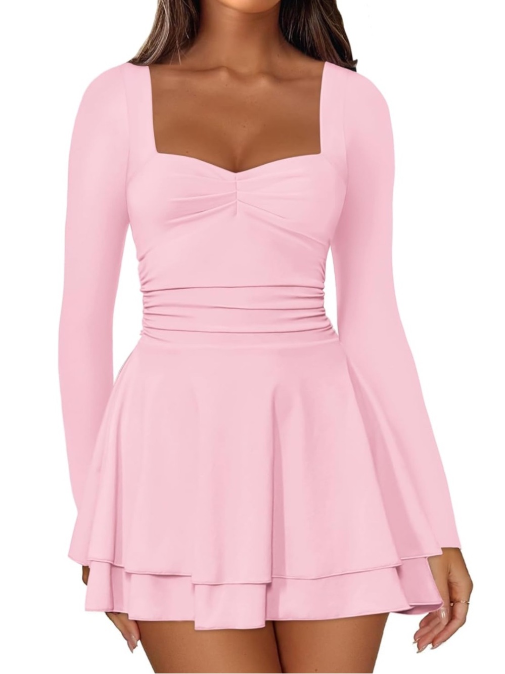 Long Sleeve Pink Square Neck Dress